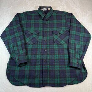 Woolrich Vintage Plaid Wool Blend Button Down Green Blue Tartan Mens XL Lumberja